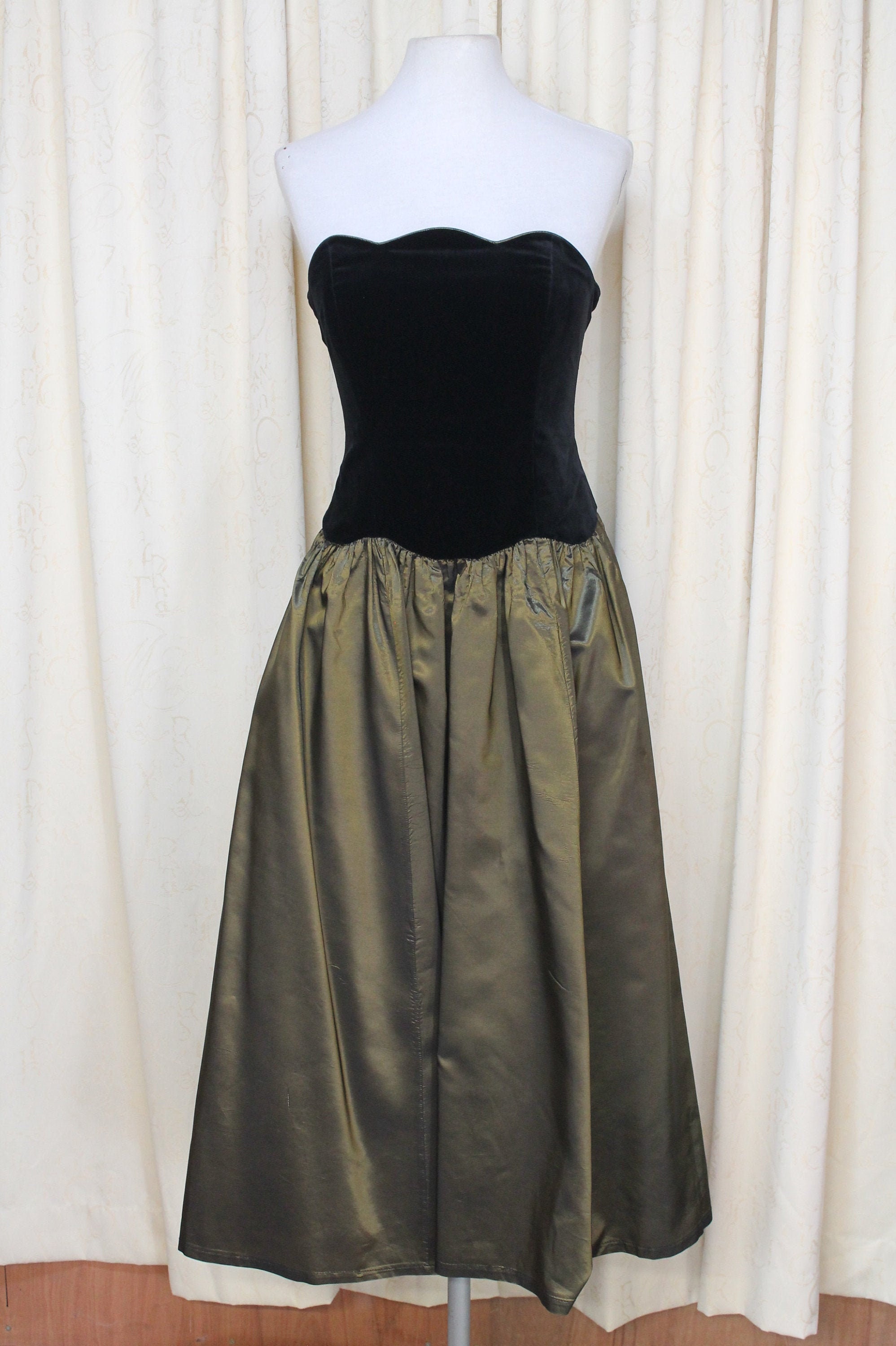 Image of Vintage Laura Ashley S Prom Dress, Black Velvet/ Bronze Taffeta Size / , " Bust, Cocktail/ Ball Gown, Strapless, Full Skirt