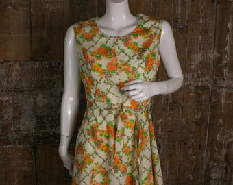 Vintage 60s/ 70s orange floral dress, Diolen cotton Elsta model trellis print belted shift, size 12 UK/ 38" bust