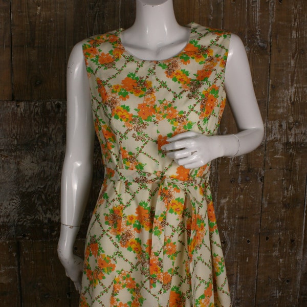 Vintage 60s/ 70s orange floral dress, Diolen cotton Elsta model trellis print belted shift, size 12 UK/ 38" bust