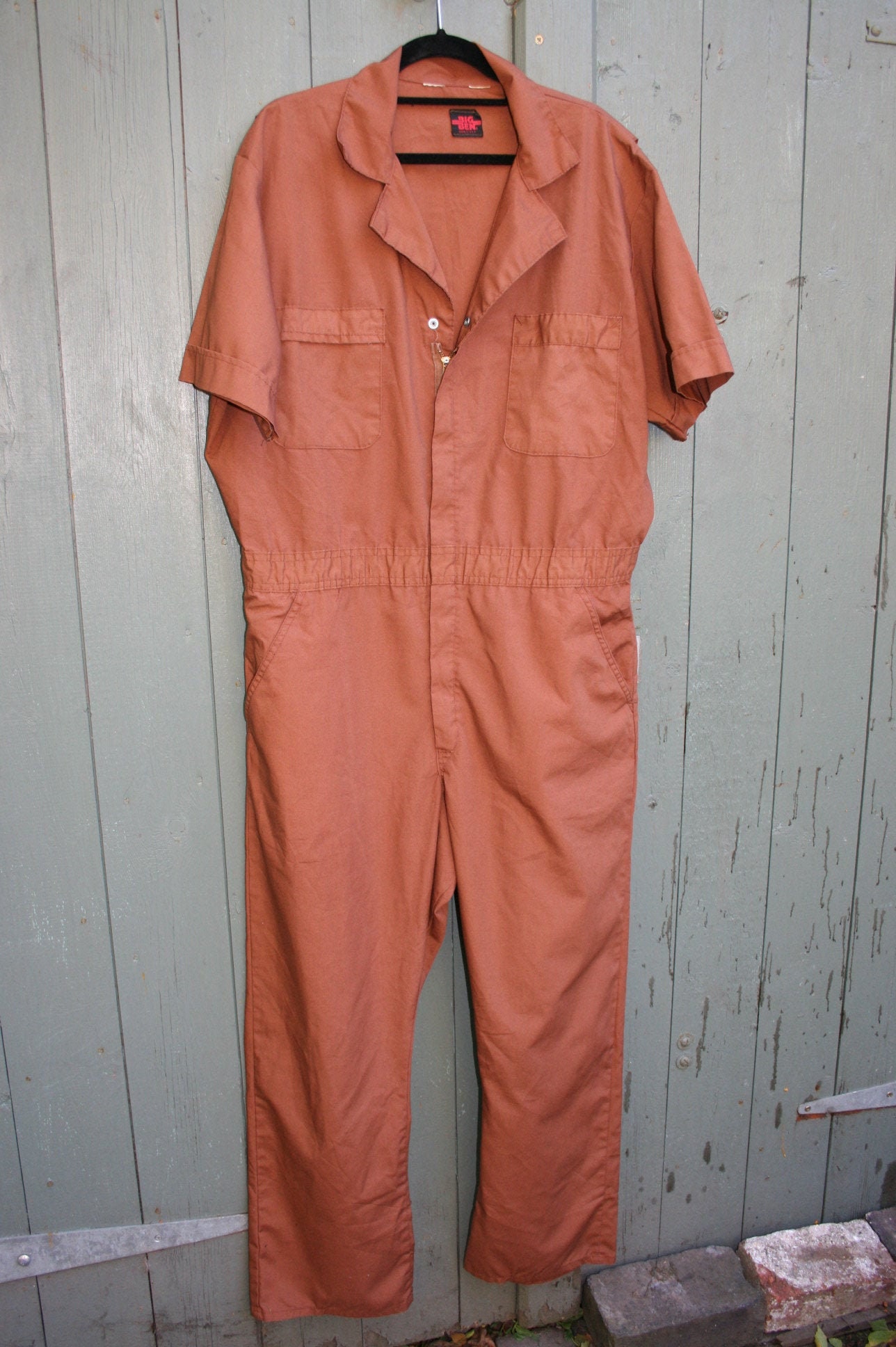 Image of Vintage Mans Tan Cotton Mix Boiler Suit, Big Ben Usa Short Sleeve Overalls, 50" Chest 42" Waist, 29" Leg