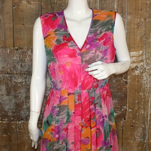 Vintage 80s/ 90s bright floral chiffon midi/ midaxi dress, size 12 UK/ 38&quot; bust