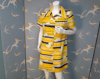 Vintage 70s yellow/ blue mod mini dress size 12/ 14 UK, 39" bust