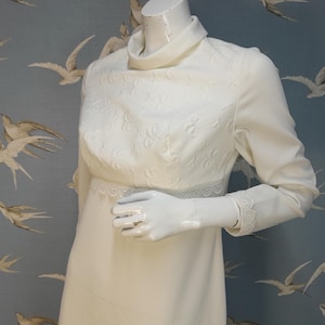 Vintage 1970s white Crimplene wedding dress, size 10 UK/ 36&quot; bust Kleemeier Hof turtle neck dress