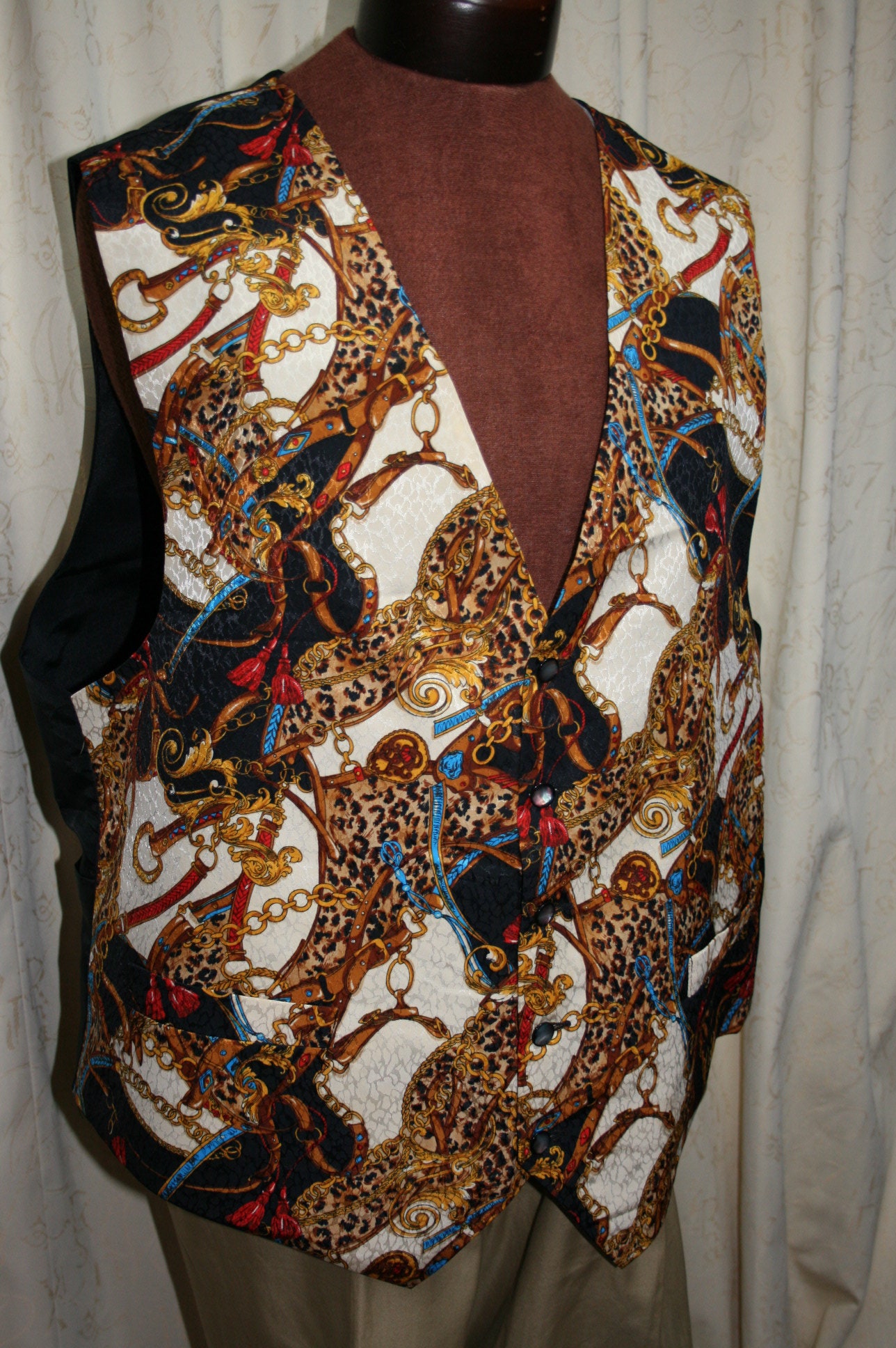 XXL novelty print High & Mighty satin waistcoat vest Mans vintage 80s waistcoat