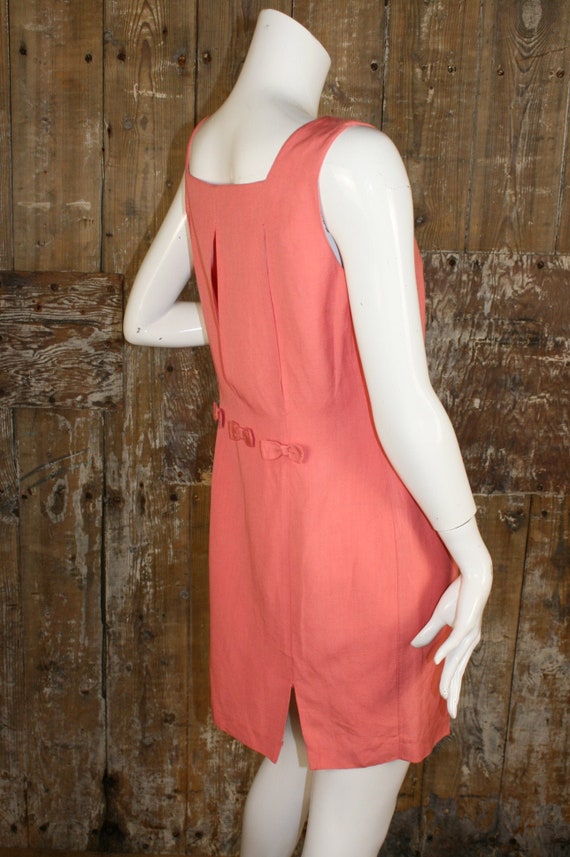 90s does 60s linen mix mini dress, coral pink fea… - image 1