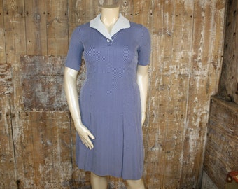 M/L Vintage 50s/ 60s blue & white polka dot knee length shift dress, size 12/ 14 UK