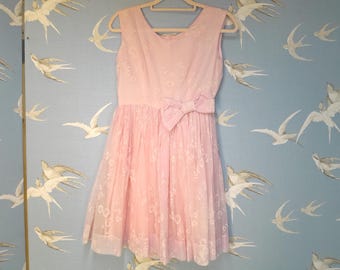 Petite/ teens vintage 1950s prom dress, pink floral chiffon dress size 8 Uk/ 34" bust. See ITEM DETAILS for all measurements