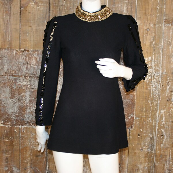 FAB vintage 70s black crepe/ gold trim micro mini tunic dress, Sergeant Pepper/ festival, size 8 UK/ 34" bust