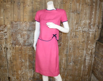 jupe en lin rose/marine vintage des années 60 et costume inspiré de Jackie O mod, taille 8 UK. Voir les DÉTAILS DE L'ARTICLE pour toutes les mesures