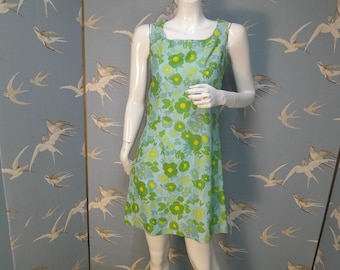 XS vintage 60s green/ yellow flower power mini slip dress, size 6 UK/ 32&quot; bust