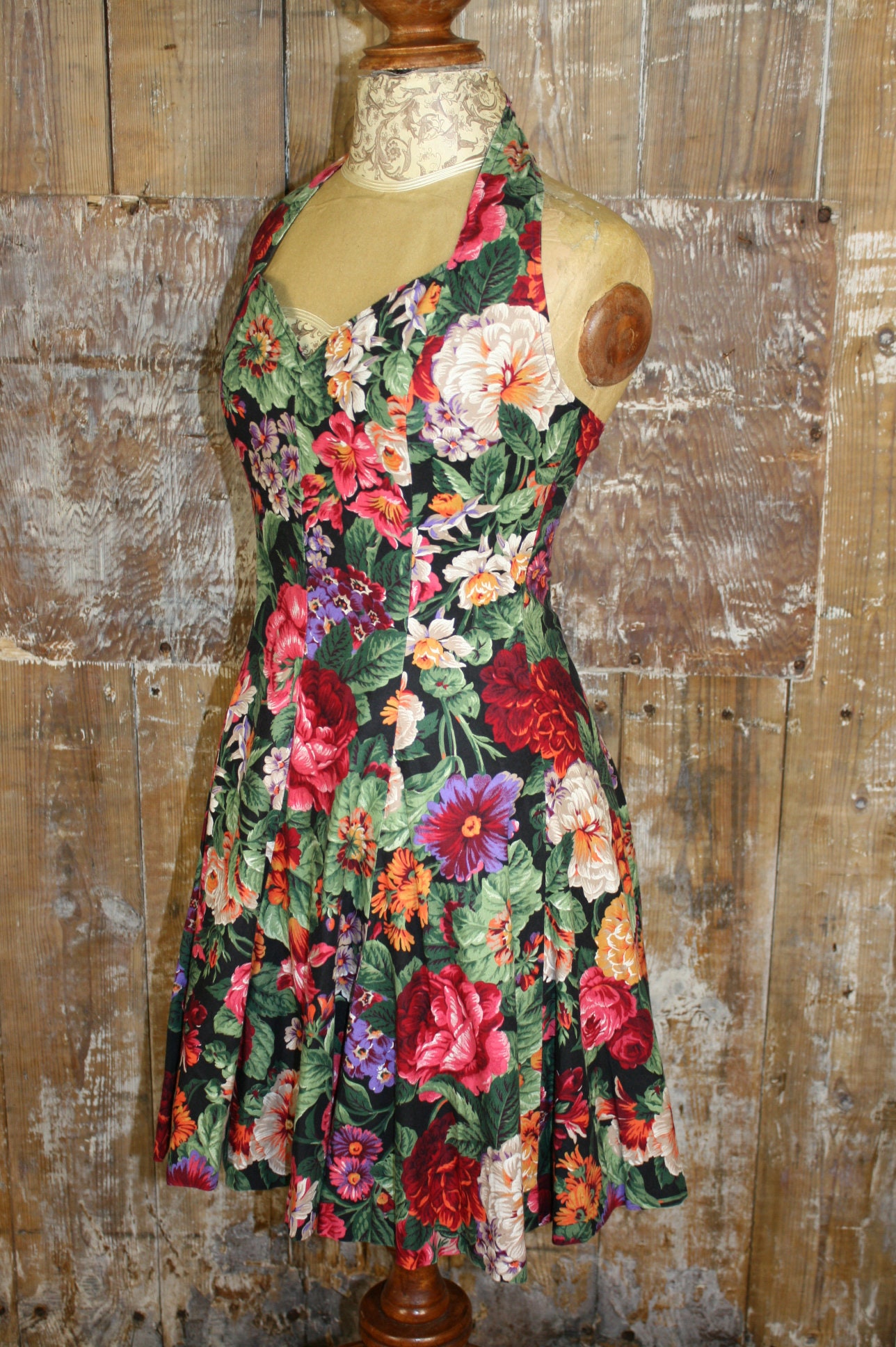 80s halter dress Vintage 80s Does 50s Halter Neck Dress, Black/ Red Floral Rockabilly Retro  Mini Dress, Size 8 UK. See ITEM DETAILS for All Measurements