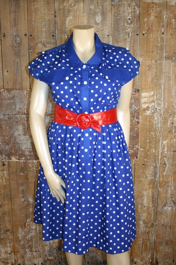 Vintage 80s does 50s blue & white polka dot dress… - image 2