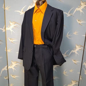 Vintage 1980s navy blue pinstripe bespoke mans suit, Hogg Sons & Johnstone 2 piece mod suit/ matching belt, 38" waist/ 28" leg/ 42" chest