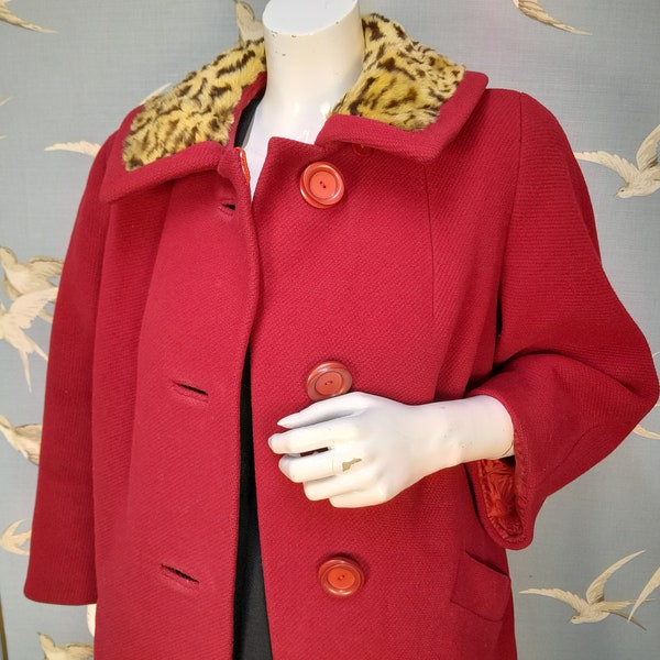 Vintage 1950s red wool coat, fake leopard fur collared coat, size 12- 14 UK