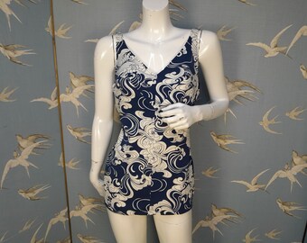 Unworn vintage 60s/ 70s swimsuit, plus size blue/ white St Michael low backed bathing costume, fits bust 40", hips 42"