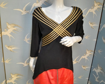 Joseph Ribkoff 90s/ Y2K haut de soirée, haut en jersey à ourlet asymétrique noir/or, taille 12 UK