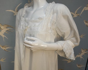 Antique white cotton maxi nightdress, Edwardian/ Victorian embroidered loose fitting slip dress, L/ XL