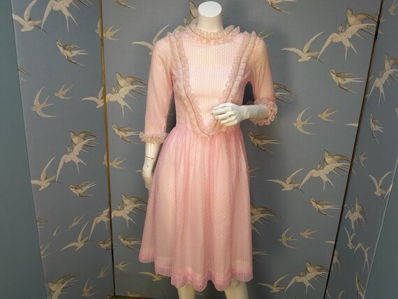 Petite/ Teens Vintage 1950s Prom Dress, Pink Eyelet Ruffle Nylon Dress Size 6- 8 UK/ 33" Bust. See Item Details for All Measurements