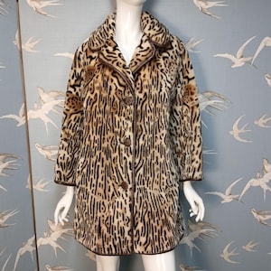 Vintage 1960s- 70s Faux Leopard/ Ocelot Coat, Red Plaid Lining