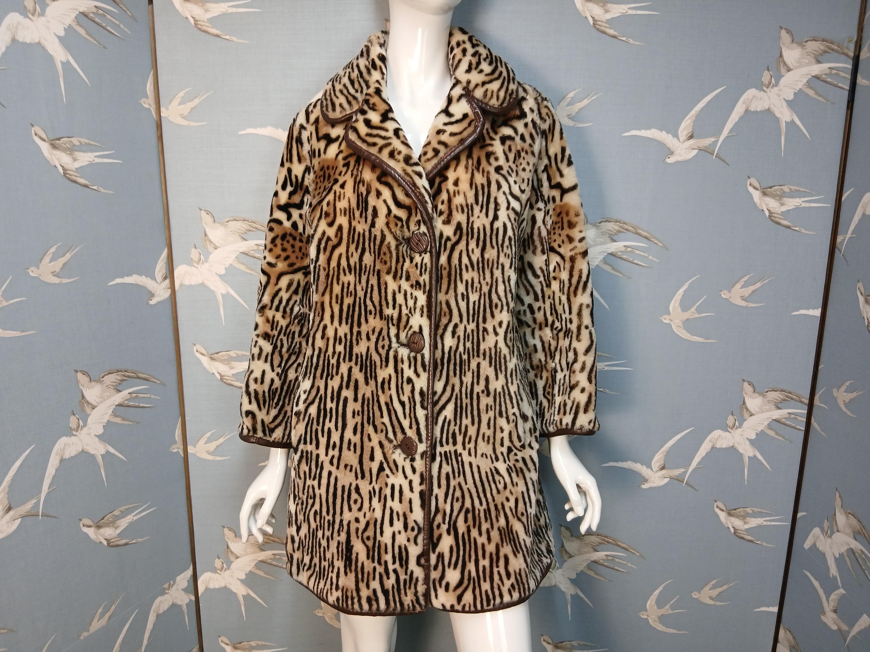 Vintage 1960s- 70s Faux Leopard/ Ocelot Coat, Red Plaid Lining