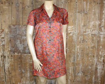 Vintage 60s/ 70s silky feel mod mini dress, pink/ grey/ orange floral, size 14 UK/ 41" bust