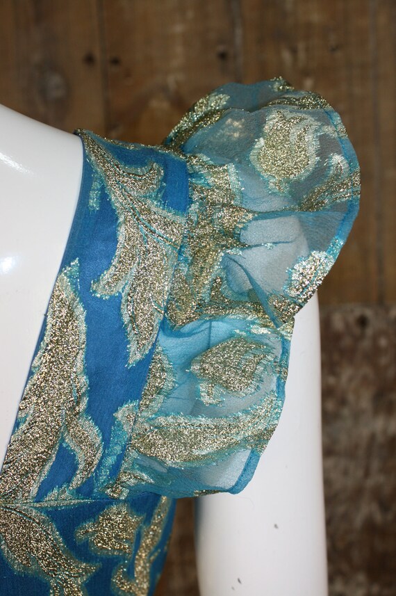 Vintage 60s/ 70s teal/ gold brocade cocktail dres… - image 9