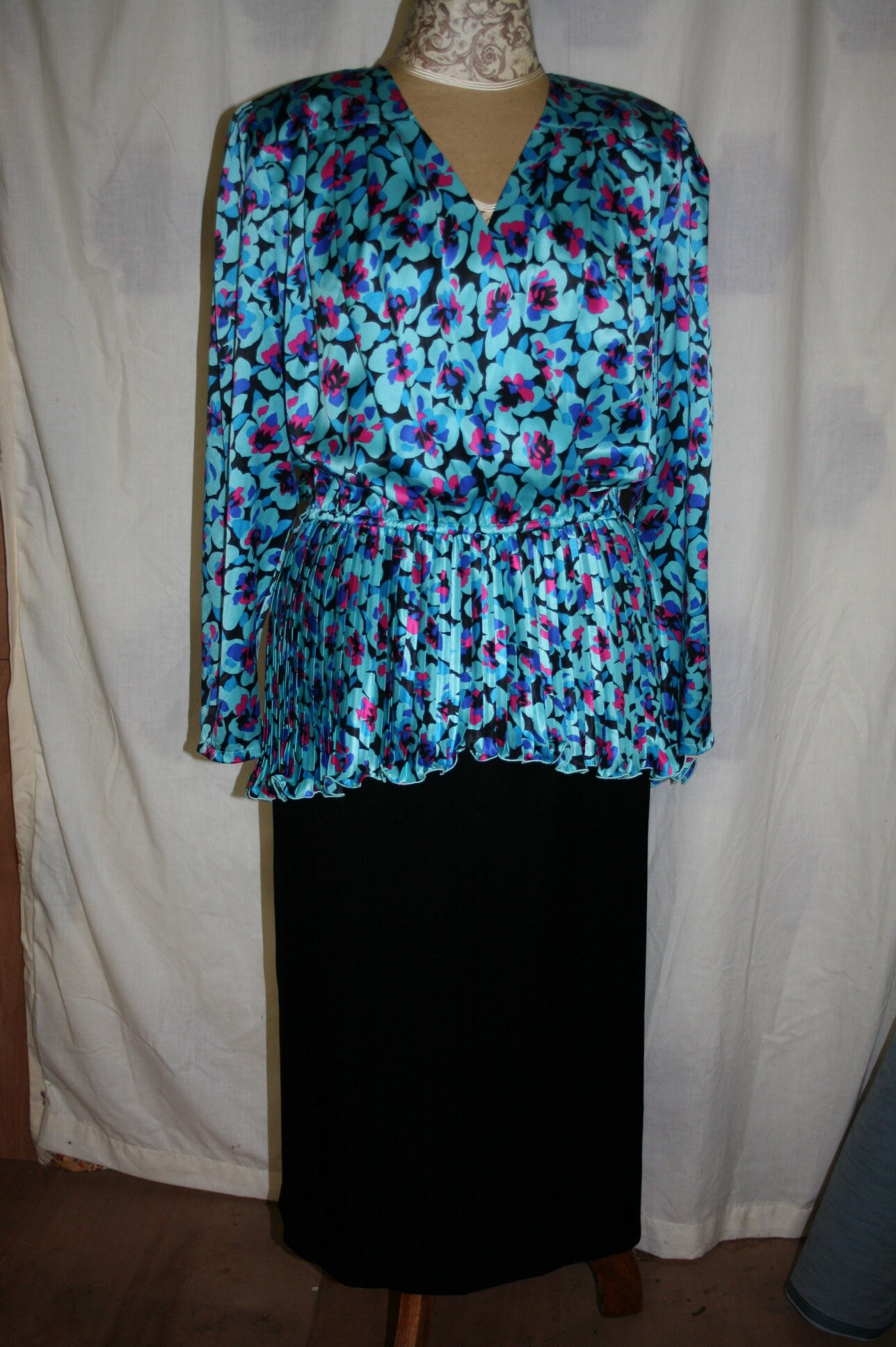 Image of Vintage S Peplum Dress By Simon Ellis, Size , Blue Floral Mock Wrap Top, Black Satin Pencil Skirt, Power Dressing/ Padded Shoulders