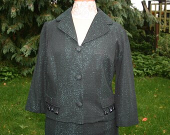 costume lurex vintage des années 60, jupe et veste Mary Harnes noir/vert, taille 10/ 12 UK