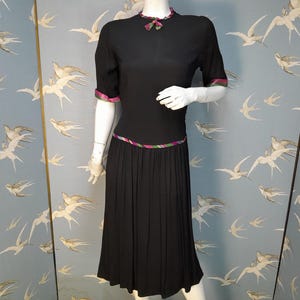 Vintage 1940s dress, petite black crepe drop waist day dress, size 8