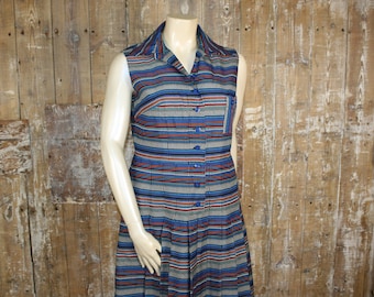 Vintage 70s Trevira drop waist/ pleated sleeveless mod dress, size 16 UK/ 42" bust