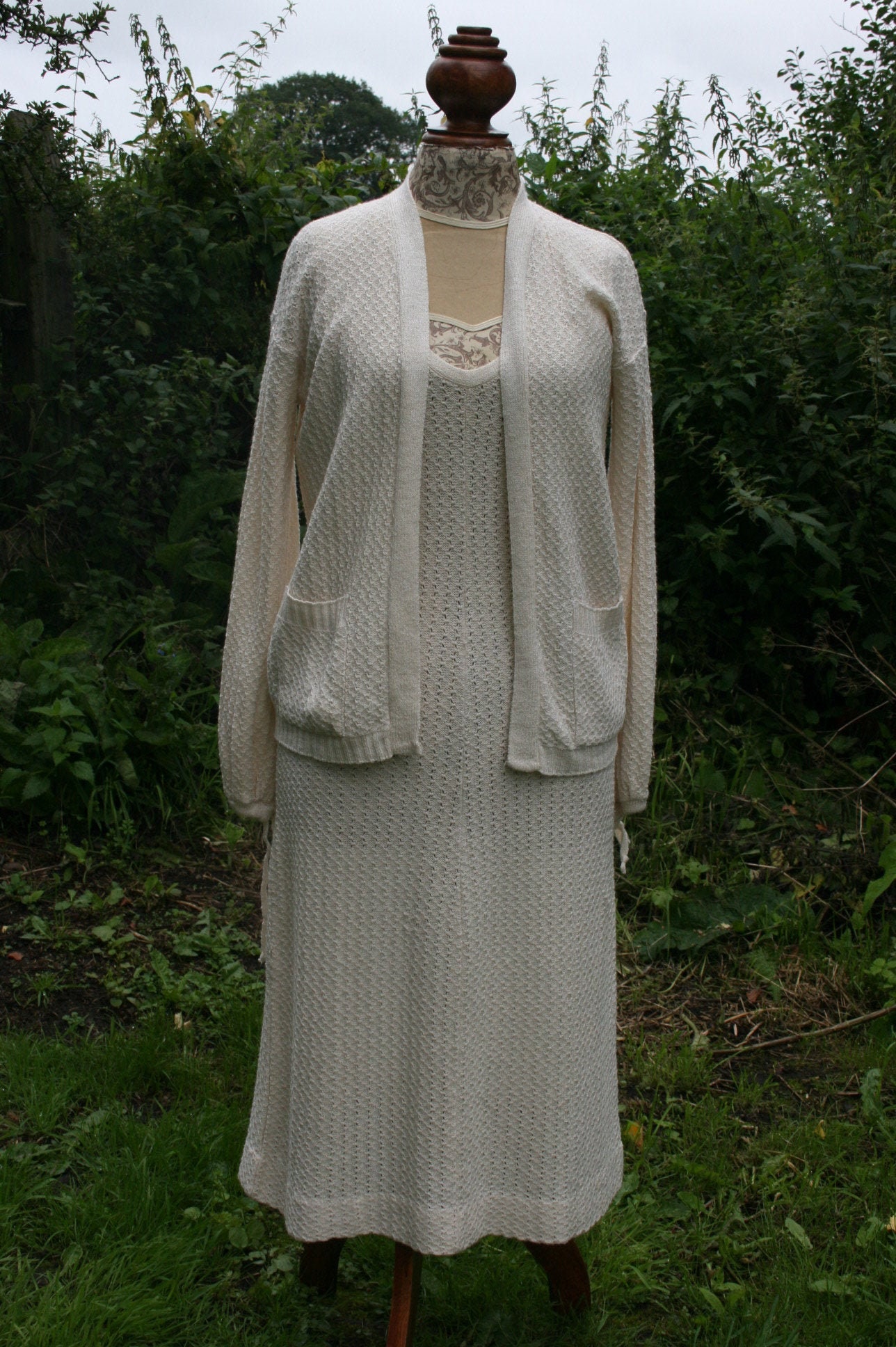 Image of Vintage S Maureen Baker For Susan Small Cream Silk Mix Knitted Dress & Cardigan, Size /  Uk