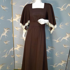 Vintage 70s Maxi Dress, Devonshire Lady Brown Square Neck/ Cape Sleeve Dress,  Size 8 UK/ 34