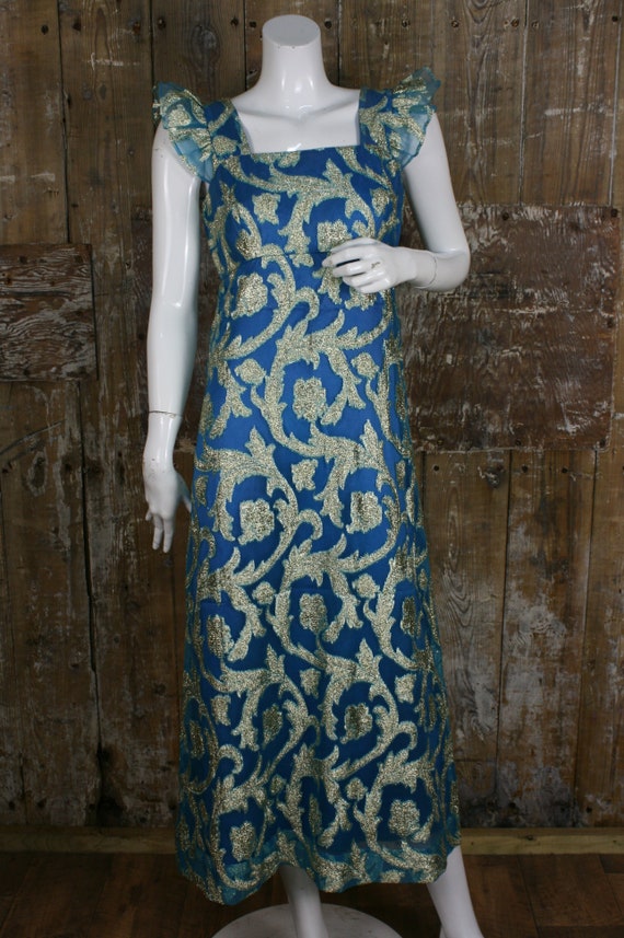 Vintage 60s/ 70s teal/ gold brocade cocktail dres… - image 2