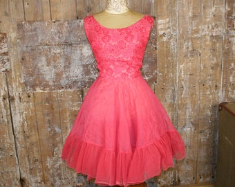 Vintage 1950s prom dress, dark coral pink tulle puffball ballgown, size 8/ 34" bust cocktail dress