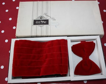 Vintage red velvet cummerbund and bow tie in original box, Louis Philippe Couture size 30" waist