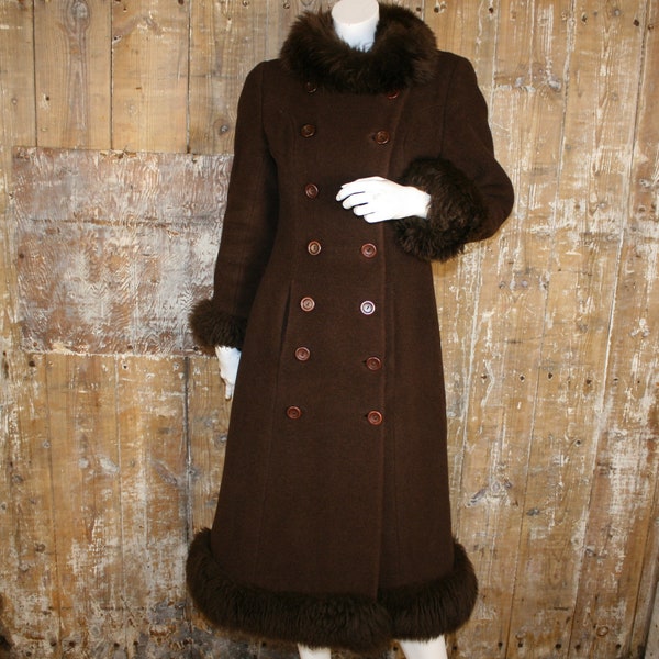 XS vintage 70s coat, Windsmoor brown fur trimmed cossack style fit & flare coat, size 6- 8 UK/ 35" bust