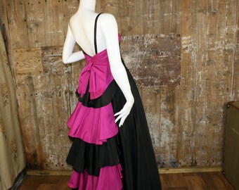 Superb 80s Frank Usher cocktail dress, black/ pink ruffled maxi flamenco prom dress, size 8 UK/ 33" bust