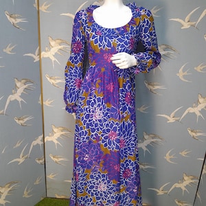 Vintage 70s psychedelic maxi/ midaxi dress, blue/ pink/ mustard floral, size 10 UK/ 36&quot; bust