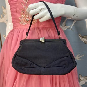 Vintage 1950s black evening bag, grosgrain bag with diamante clasp