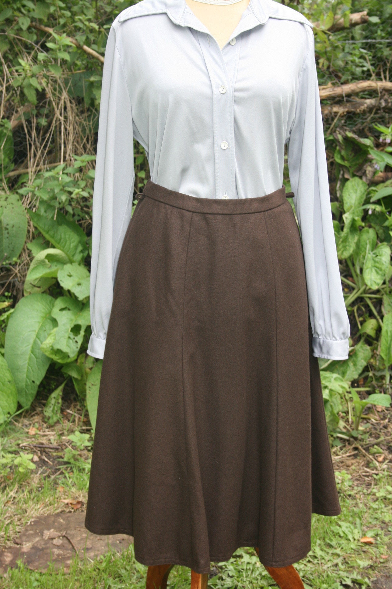 Image of Susan Small Brown Wool Skirt, Vintage S Flared Panelled Skirt Size /  Uk