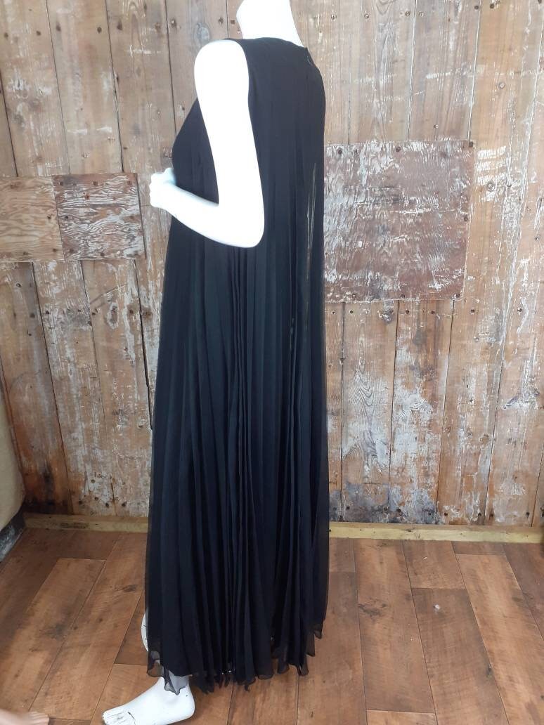 Vintage 1960s Black Pleated Chiffon Maxi Dress, Designer Robert