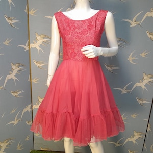 Vintage 1950s prom dress, dark coral pink tulle puffball ballgown, size 8/ 34&quot; bust cocktail dress