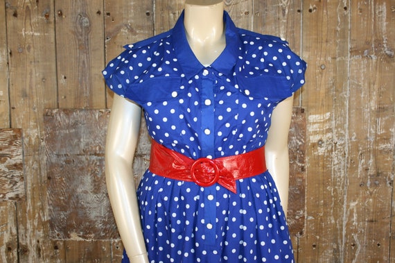 Vintage 80s does 50s blue & white polka dot dress… - image 1