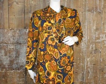 Vintage 60s/ 70s psychedelic mod dress/ jabot collar mini dress, size 12 UK/ 38" bust