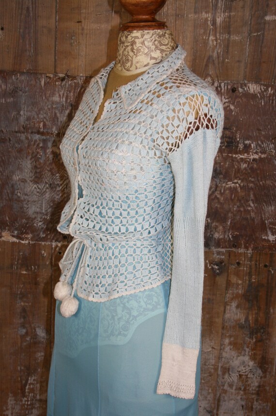 Vintage 1940s cardigan, blue/ ivory crochet cardi… - image 6