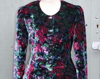 Vintage 80s velvet jacket, black/ jewel coloured floral evening jacket, size 8, 34" bust