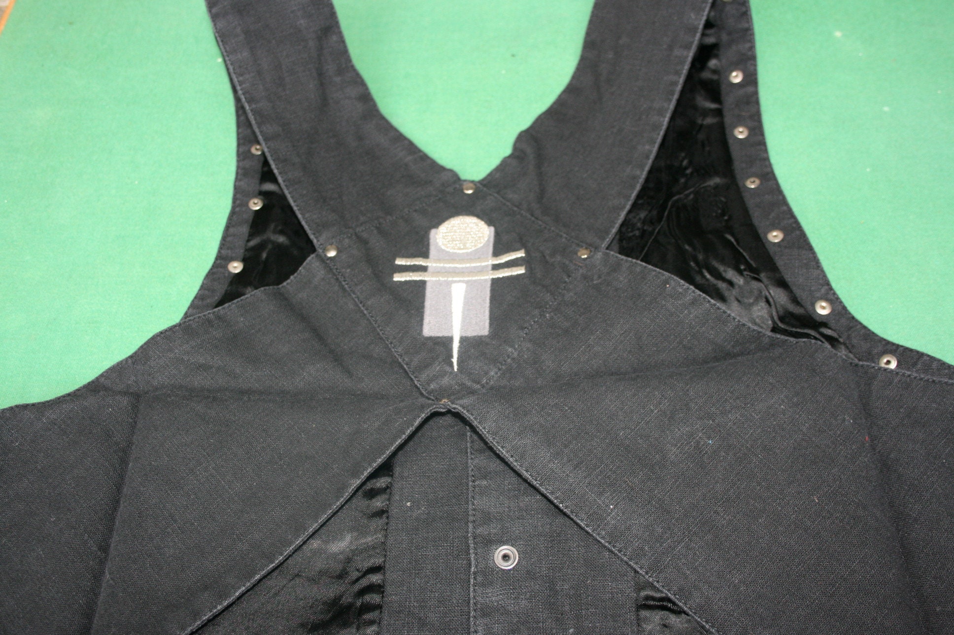 Image of Unworn 80S Mans Waistcoat, Black Studded Goth/ New Romantic Vest, Kodo Size L, Crossover Back Vintage Top