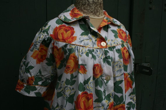 1950s orange rose print cotton house coat, vintage