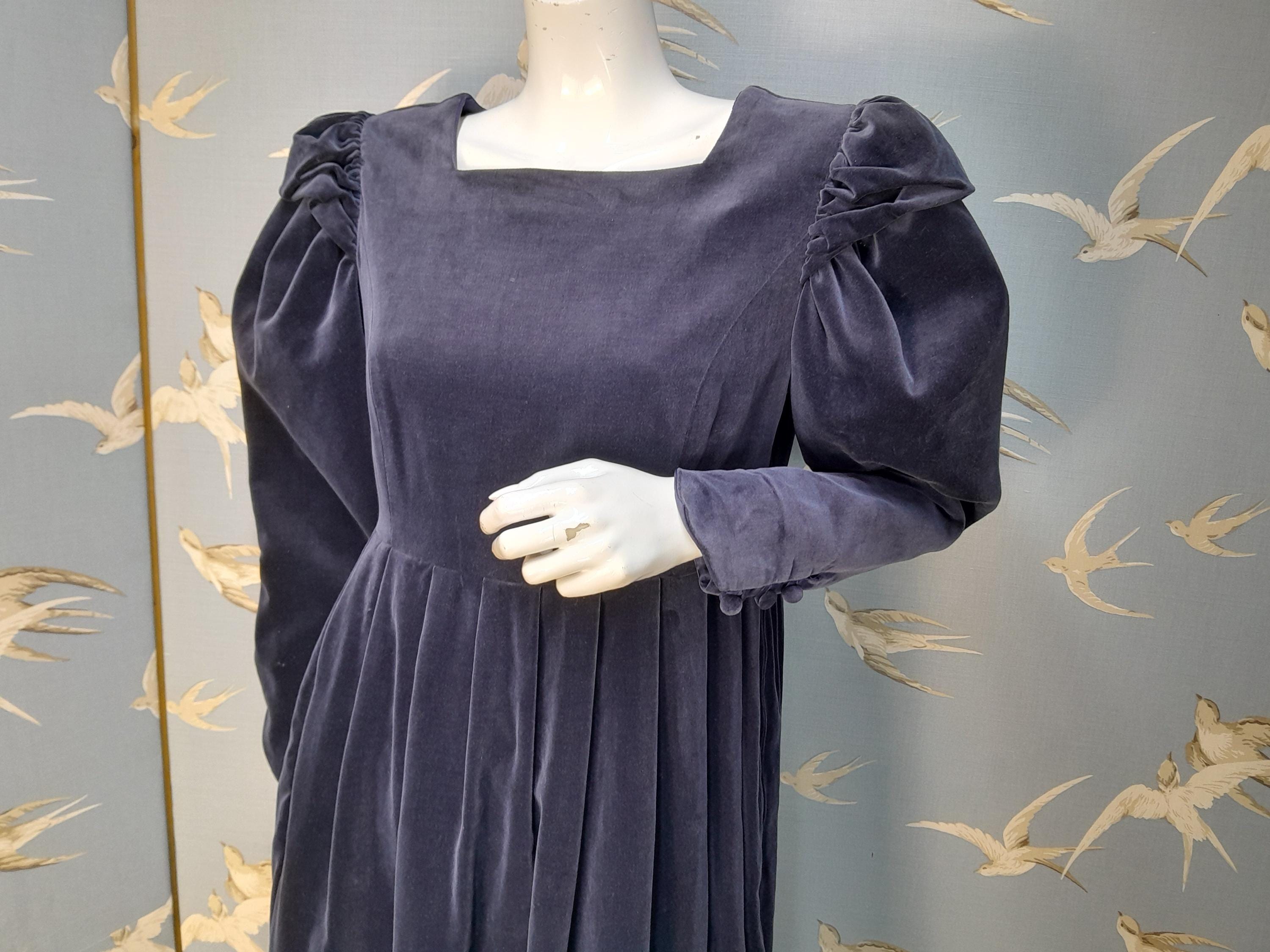 Vintage 1980s Laura Ashley Midnight Blue Velvet Dress, Size 12 Uk