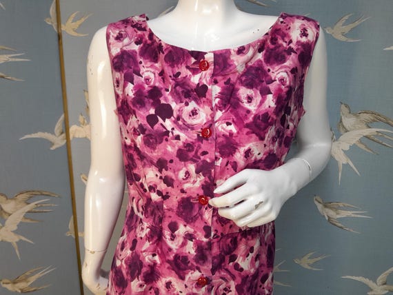 Vintage 1950s Rose Print Cotton Shift Dress, Size 12/ 14 UK Maroon/ Pink Button Front Dress See Item Details for All Measurements